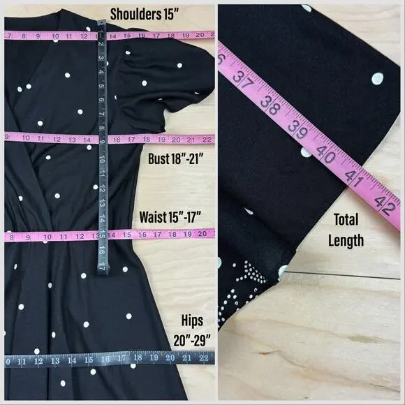 Vintage 1970s Black and Cream Short Sleeve Polka Dot Tulip Midi Dress - Picture 6 of 7